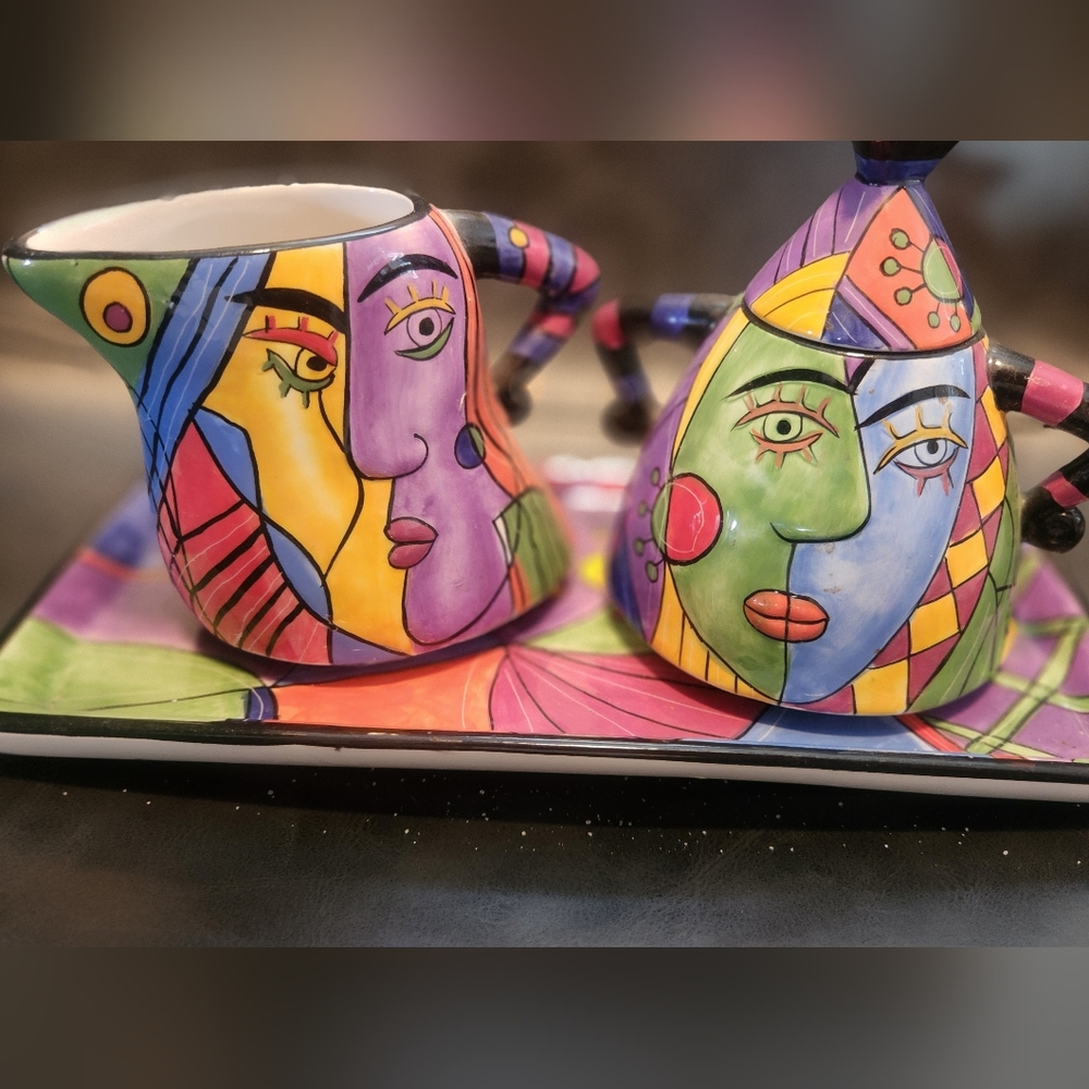 Muzeum Abstract Picasso Inspired Ceramic Cream Sugar Platter Set